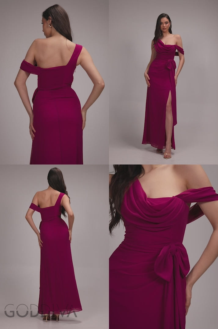 One Shoulder Cowl With Bow Detail Maxi Dress - Magenta DR4606