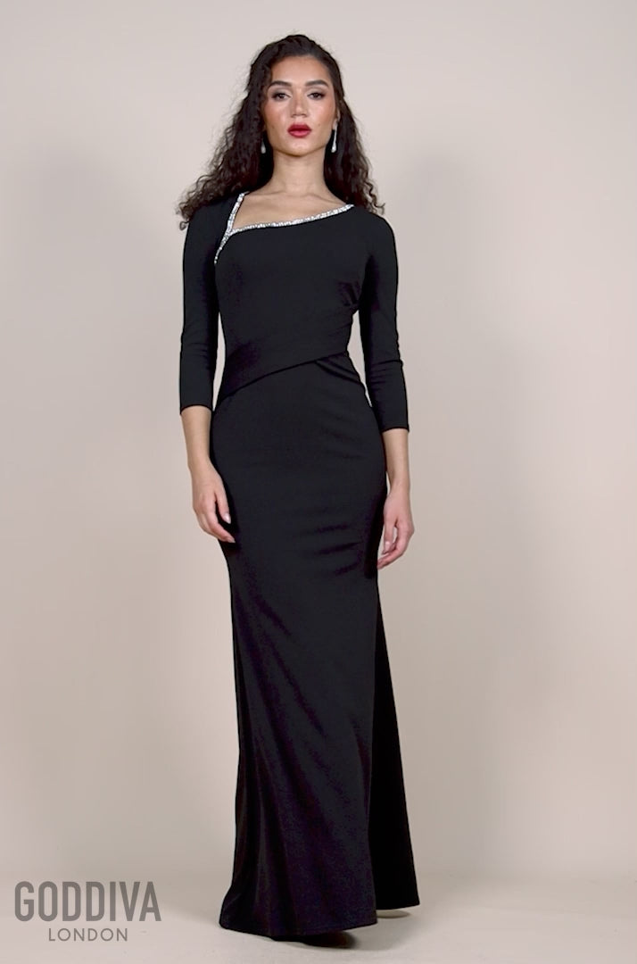 Asymmetric Neck Diamante Embellished Maxi Dress - Black DR4421