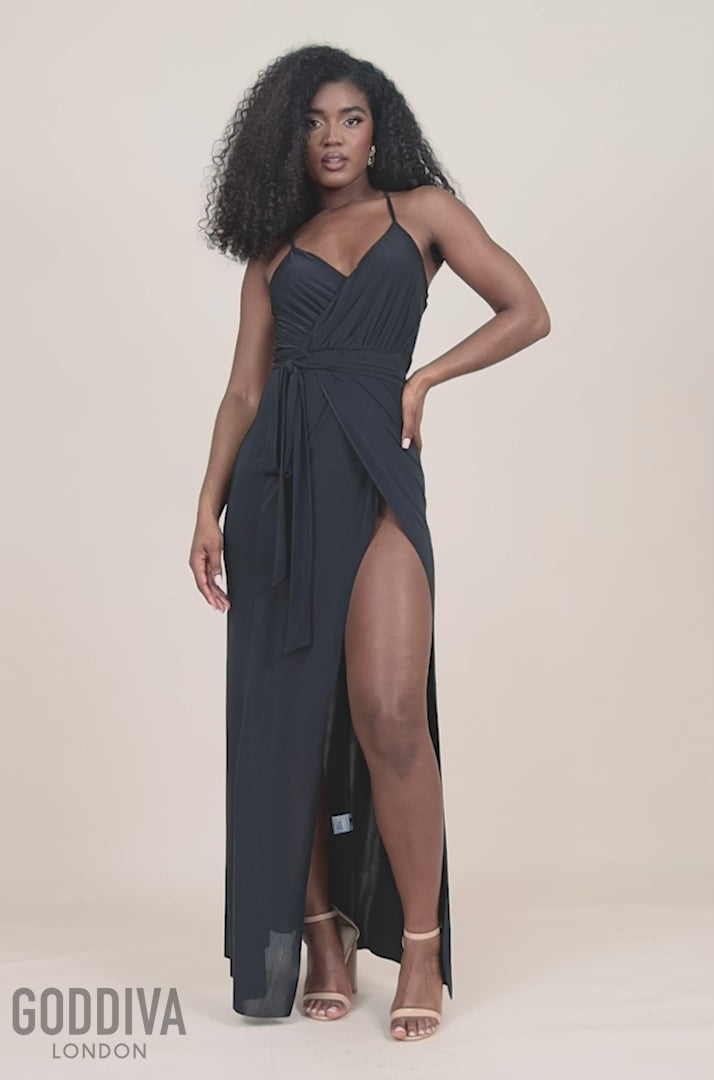 Wrap Front Maxi Slip Dress With Waist Tie-Up - Black DR2250C