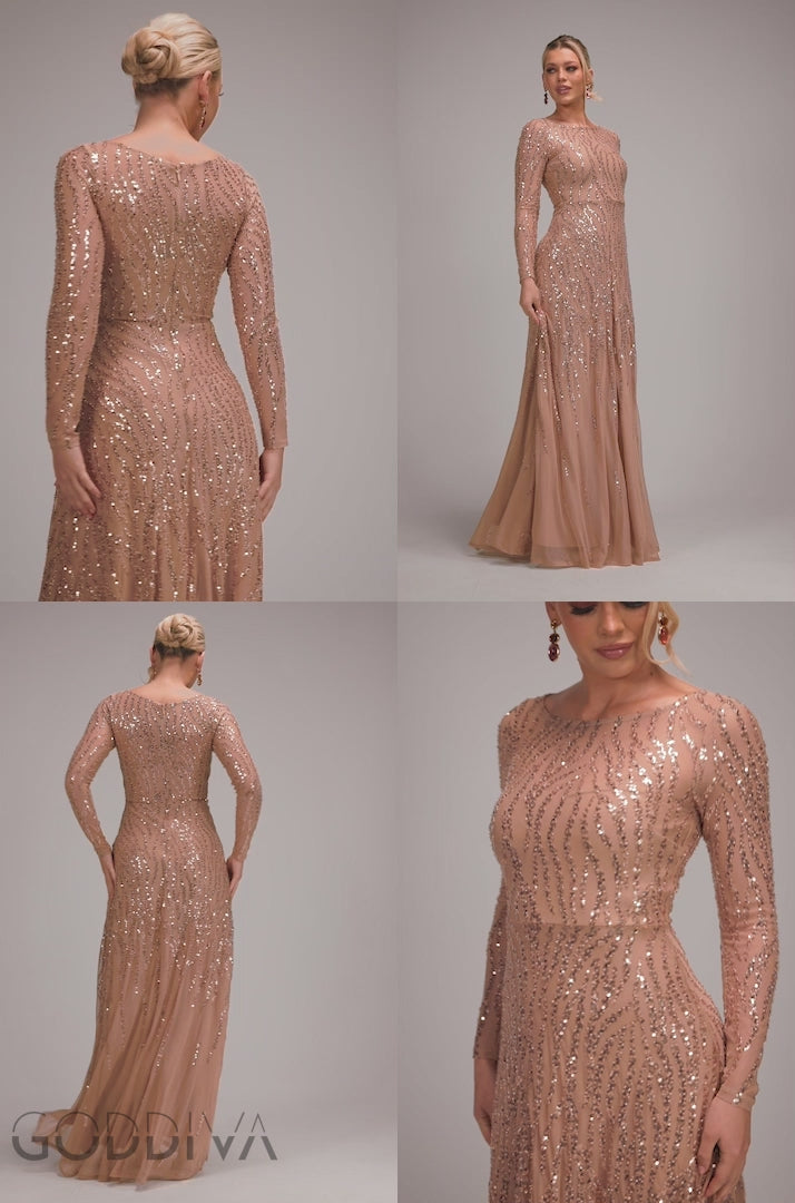 Ombre Sequin Beaded Flared Long Sleeve Maxi Dress - Champagne DR4782