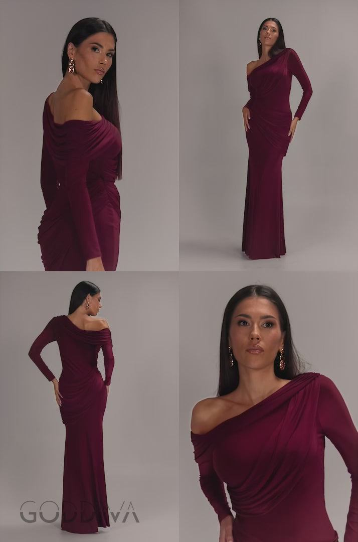 Off Shoulder Gathered Panel Soft Touch Maxi Dress - Plum DR5087