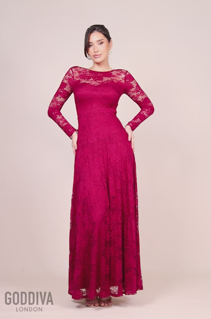 Scalloped Lace A-Line Maxi Dress - Wine DR4496