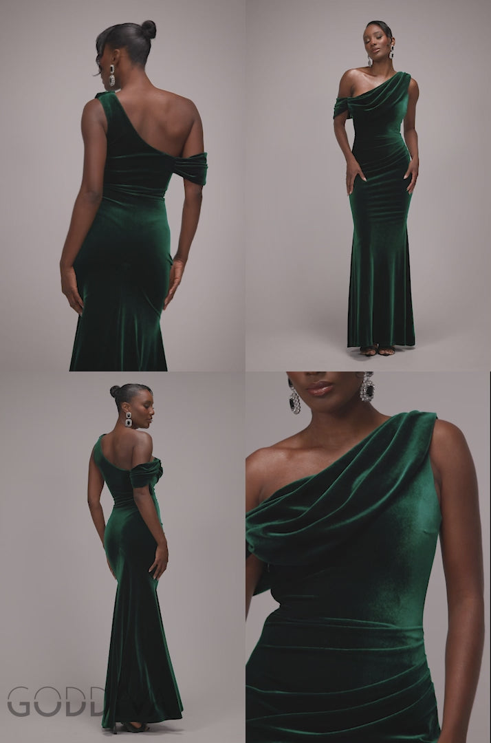 Cowl One Shoulder Velvet Maxi Dress - Emerald Green DR4504