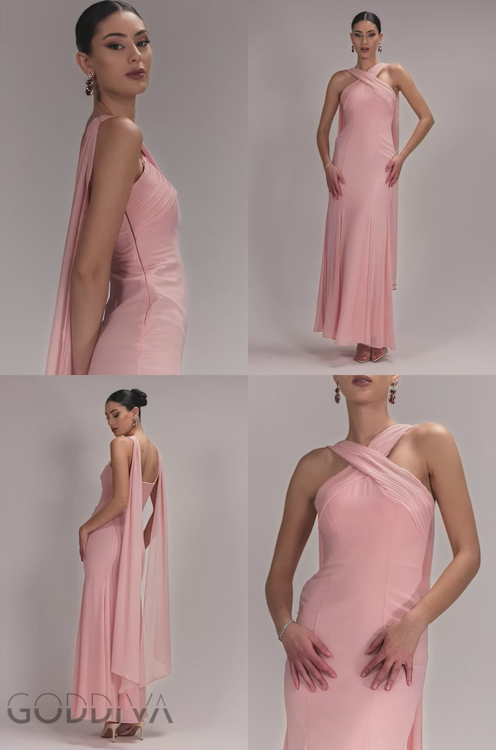 Cross Front Scarf Back Chiffon Mermaid Maxi Dress - Blush Pink DR4831