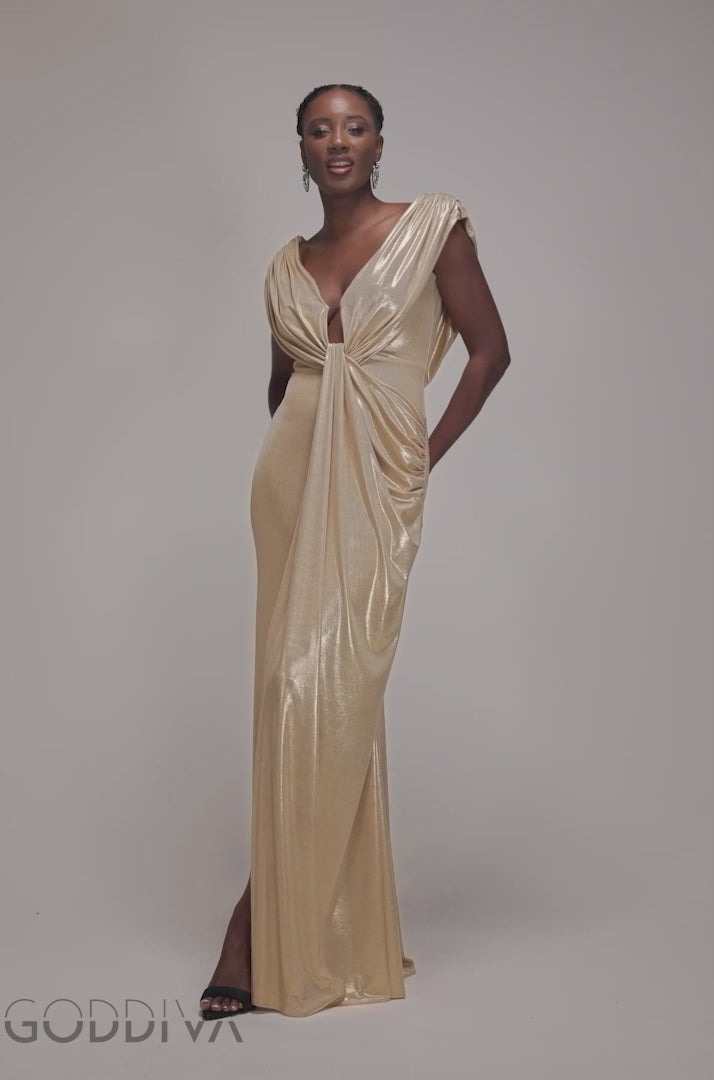 Cowl Plunge Draped Foil Maxi Dress - Gold DR4925