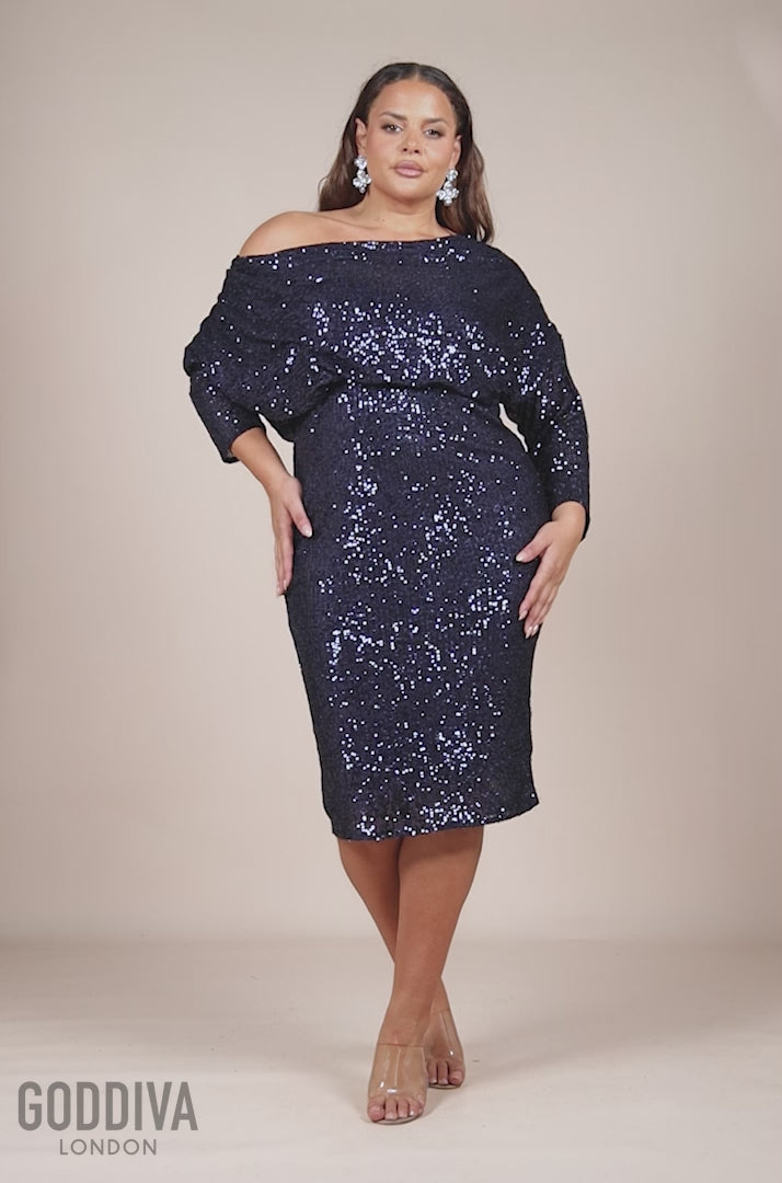 Sequin Cowl Neck Midi Dress - Navy DR3321P