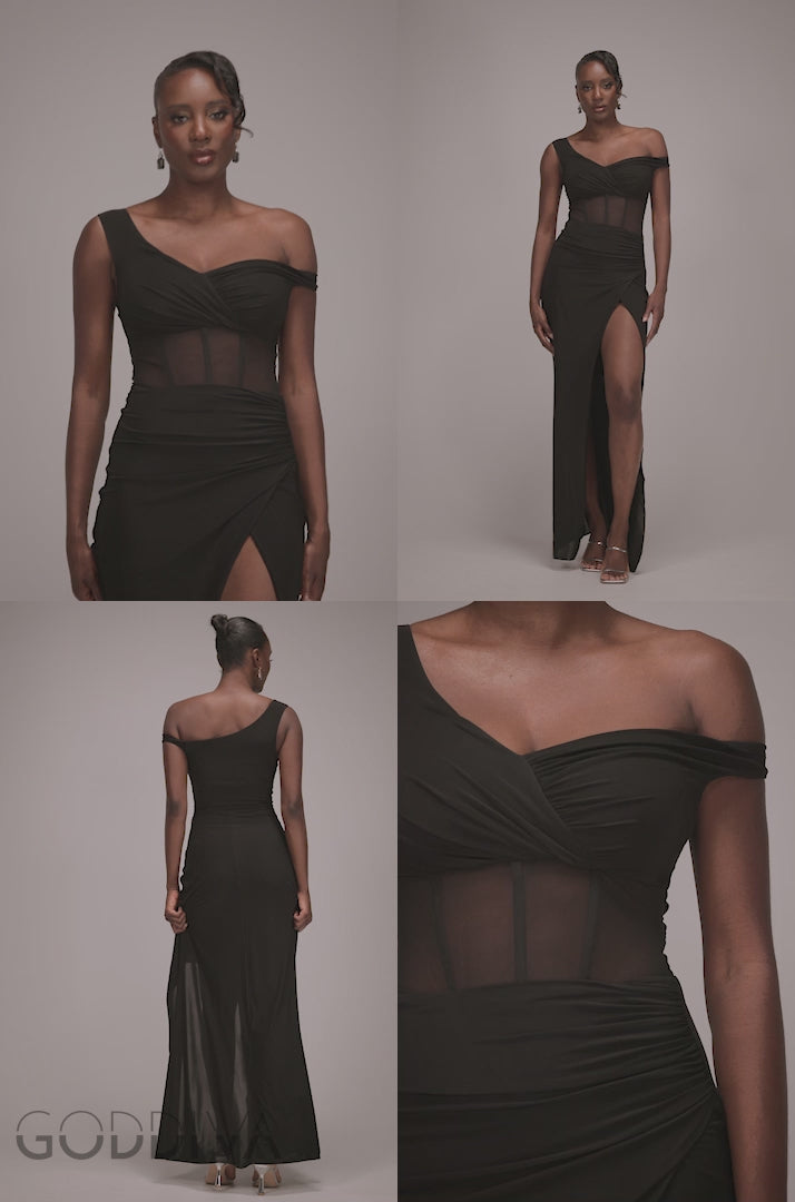 Off The Shoulder Corset Waist Mesh Wrap Skirt Soft Touch Maxi Dress - Black DR4865