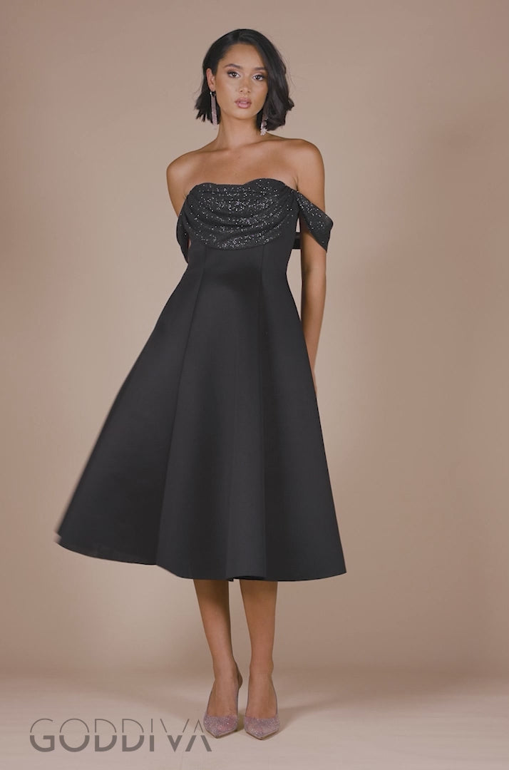 Sparkle Chiffon Cowl Bardot Skater Midi Dress - Black DR4721