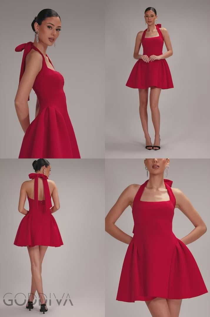 Corset Fit And Flare Halter Neck Skater Mini Dress - Red DR5107