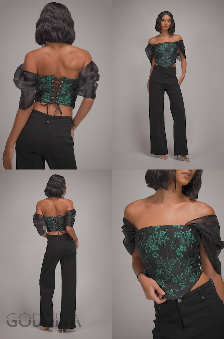 Off Shoulder Jacquard Top With Organza Wings - Emerald Black T231