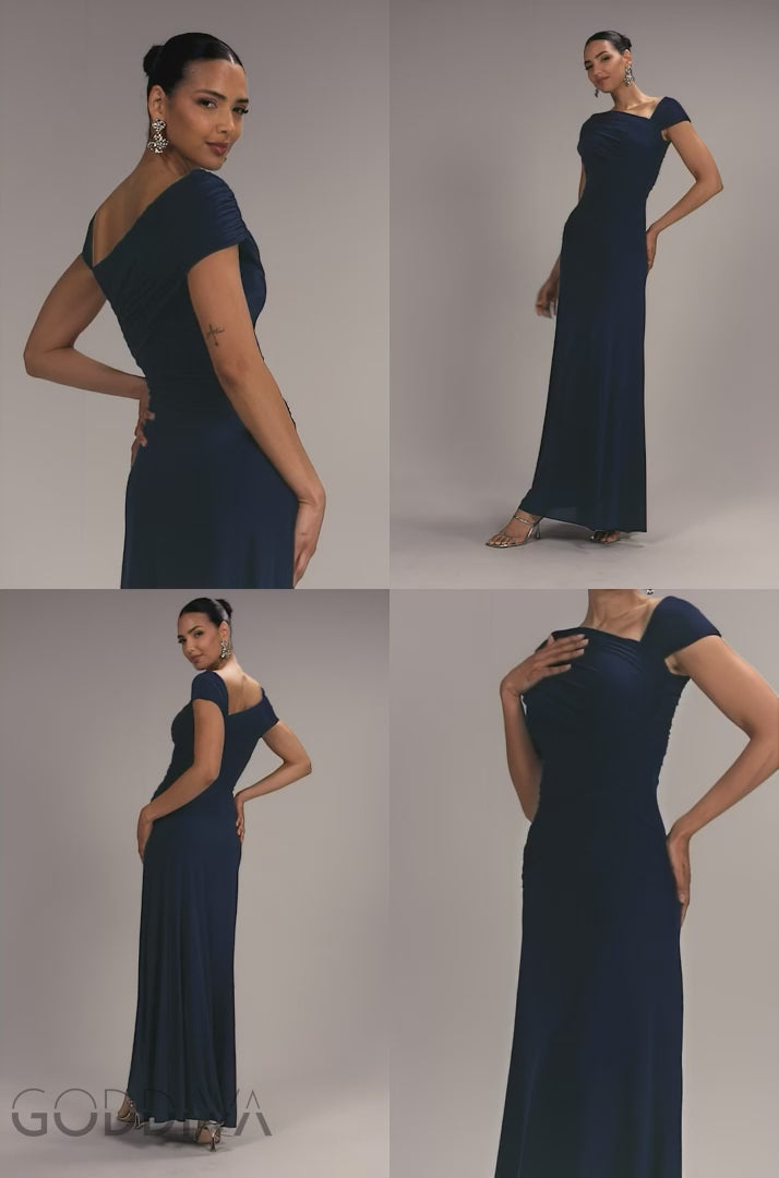 Asymmetric Neck Gathered Waist Maxi Dress - Navy Blue DR5096