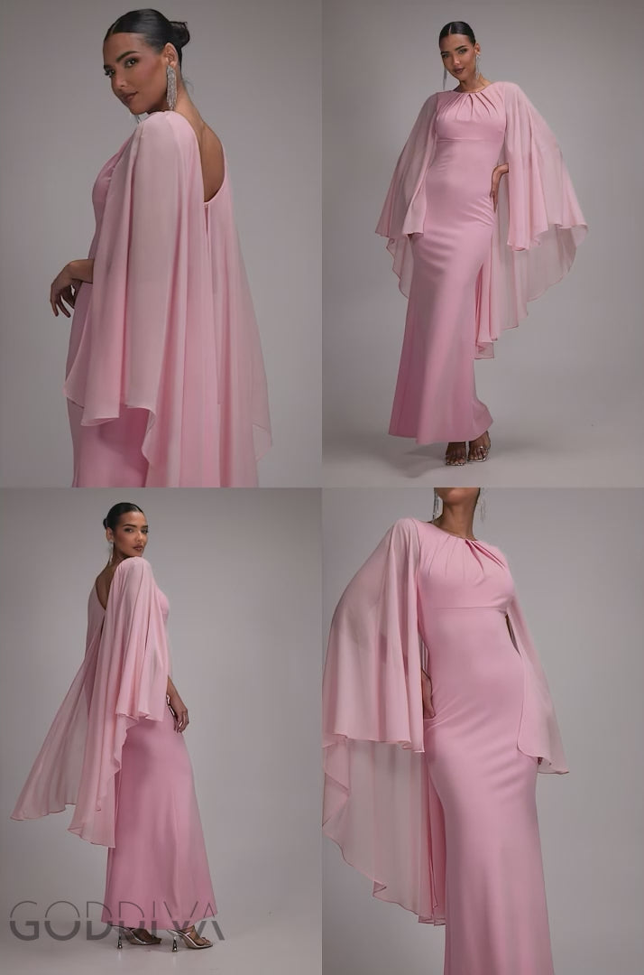 Cape Sleeve Chiffon And Scuba Crepe Maxi Dress - Blush Pink DR4900