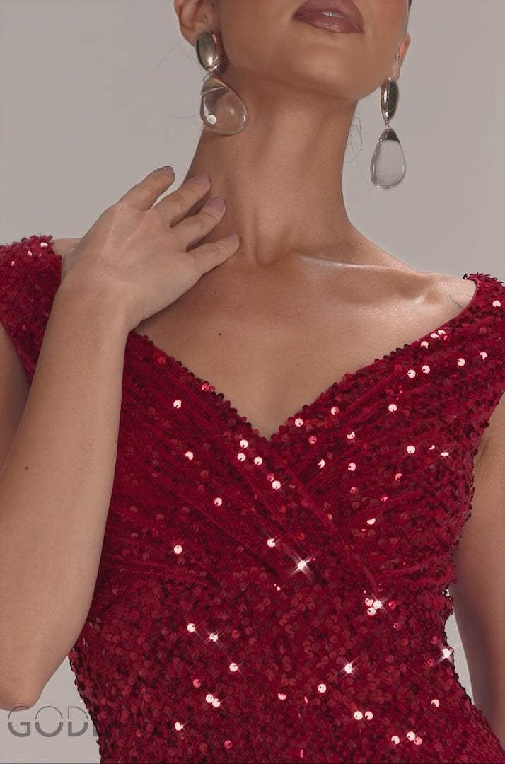 Sequin & Velvet Off The Shoulder Wrap Maxi Dress - Red DR5256