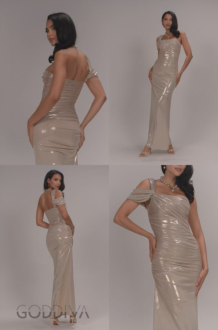 One Shoulder Asymmetric Twist Foil Maxi Dress - Gold DR5351