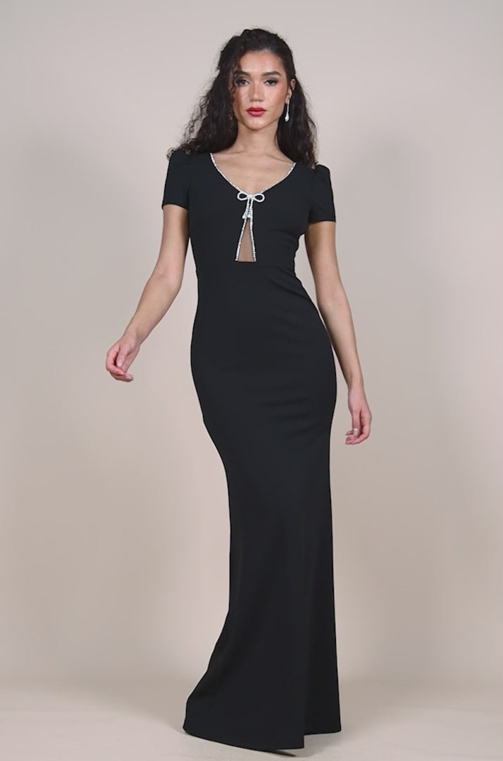 Diamante Embellished Bow Scuba Crepe Maxi Dress - Black DR4493