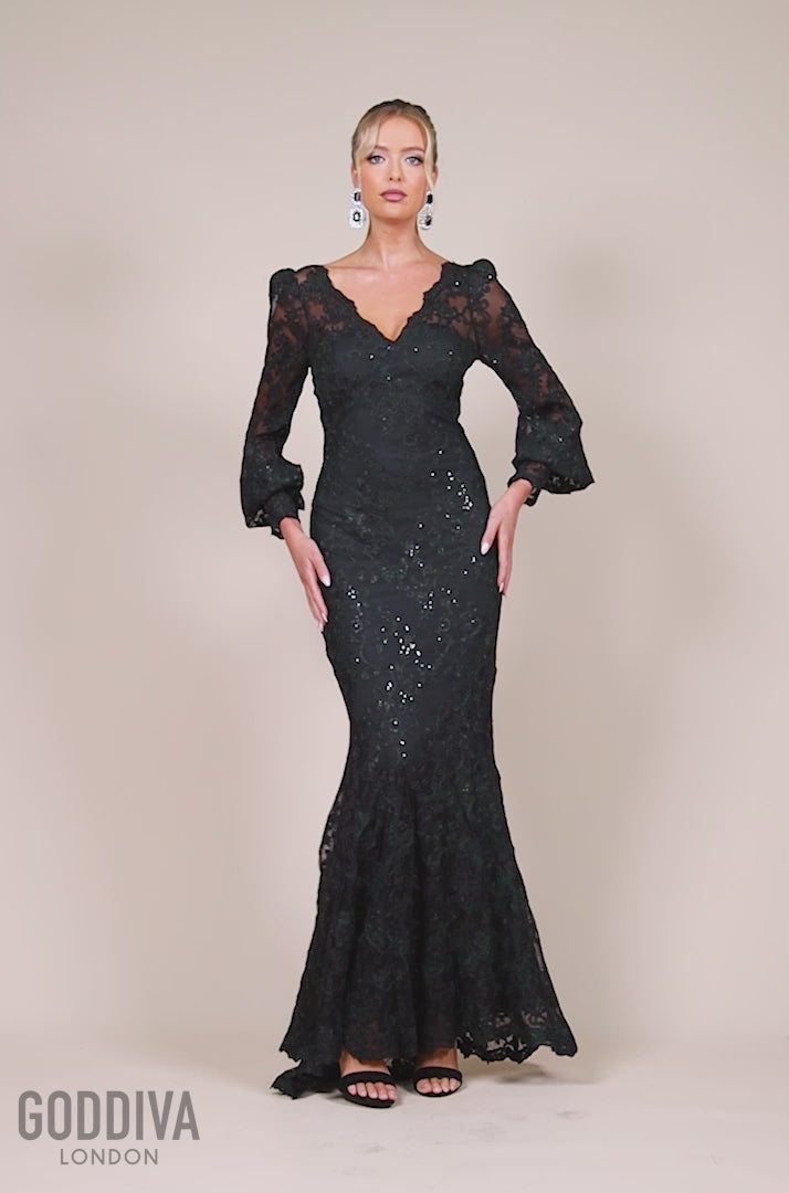 Embroidered Lace Scalloped Edge Maxi Dress - Black DR4472