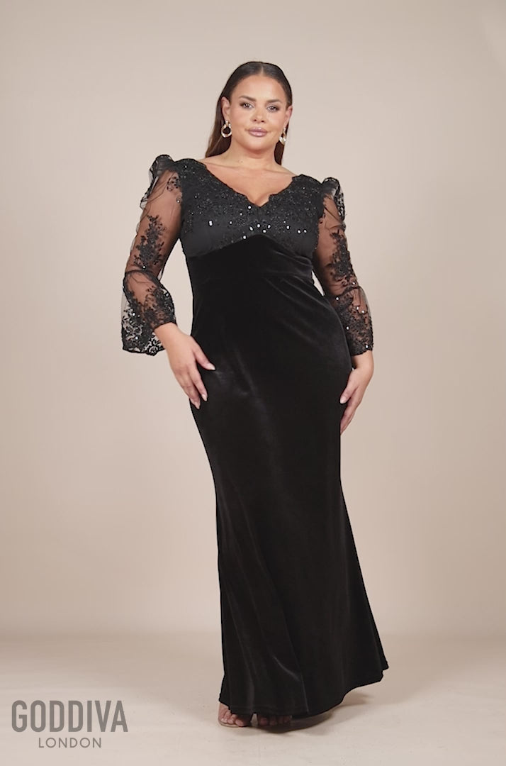 Scalloped Lace & Velvet Maxi Dress - Black DR3972PLUS