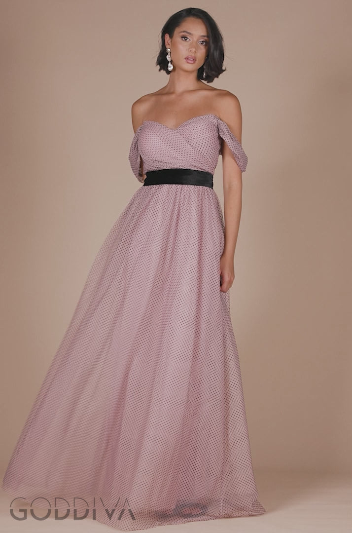 Dobby Mesh Off The Shoulder Princess Maxi Dress - Blush DR4308