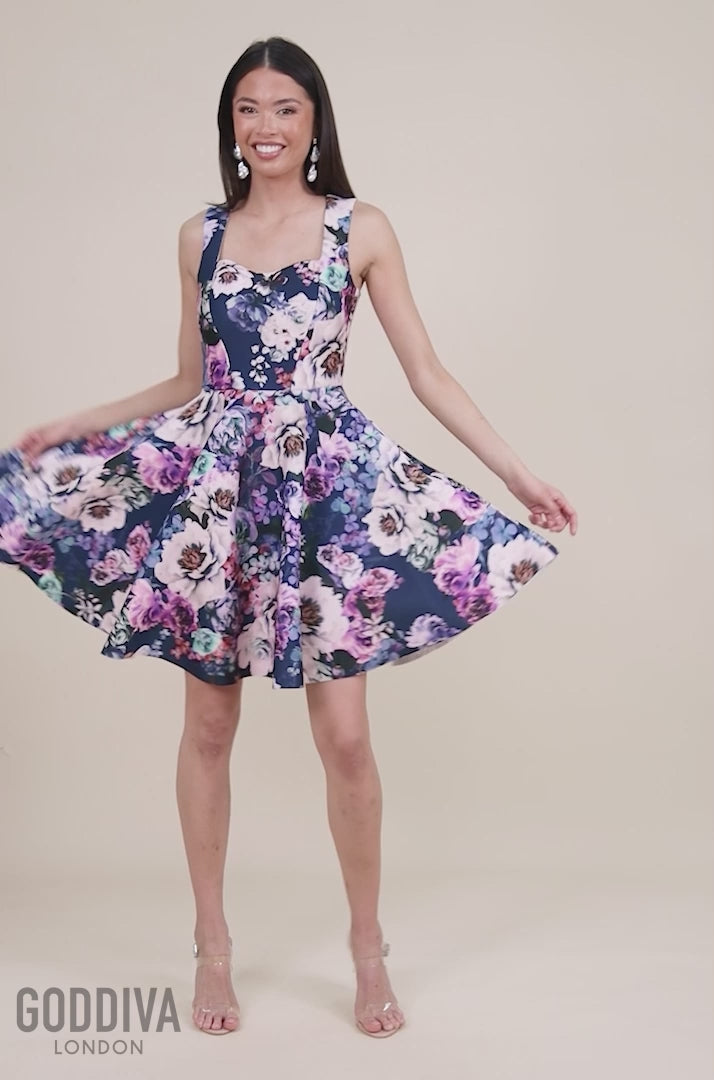 Scuba Foam Floral Skater Mini Dress - Navy DR3509