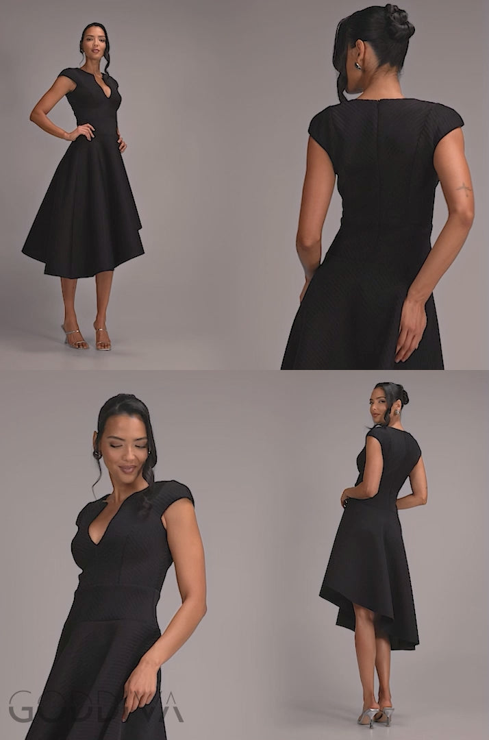 Cap Sleeve Textured Skater Asymmetric Midi Dress - Black DR5076