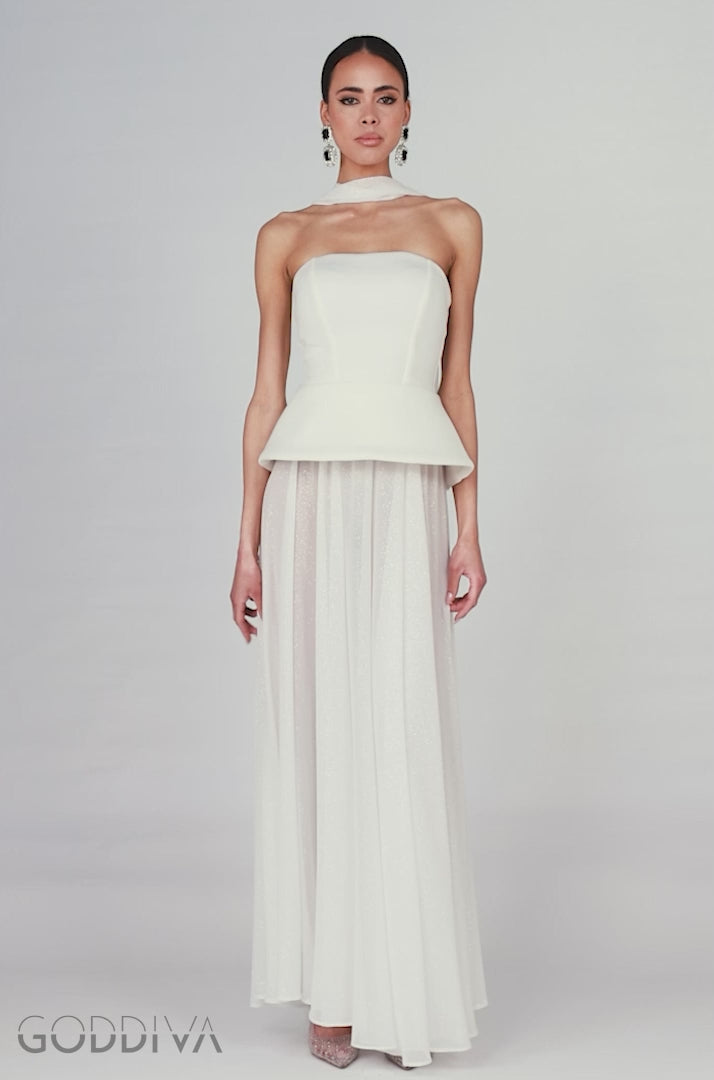 Scuba Boobtube Peplum Corset With Gathered A-Line Glitter Chiffon Maxi Skirt & Scarf - Cream LOOK10