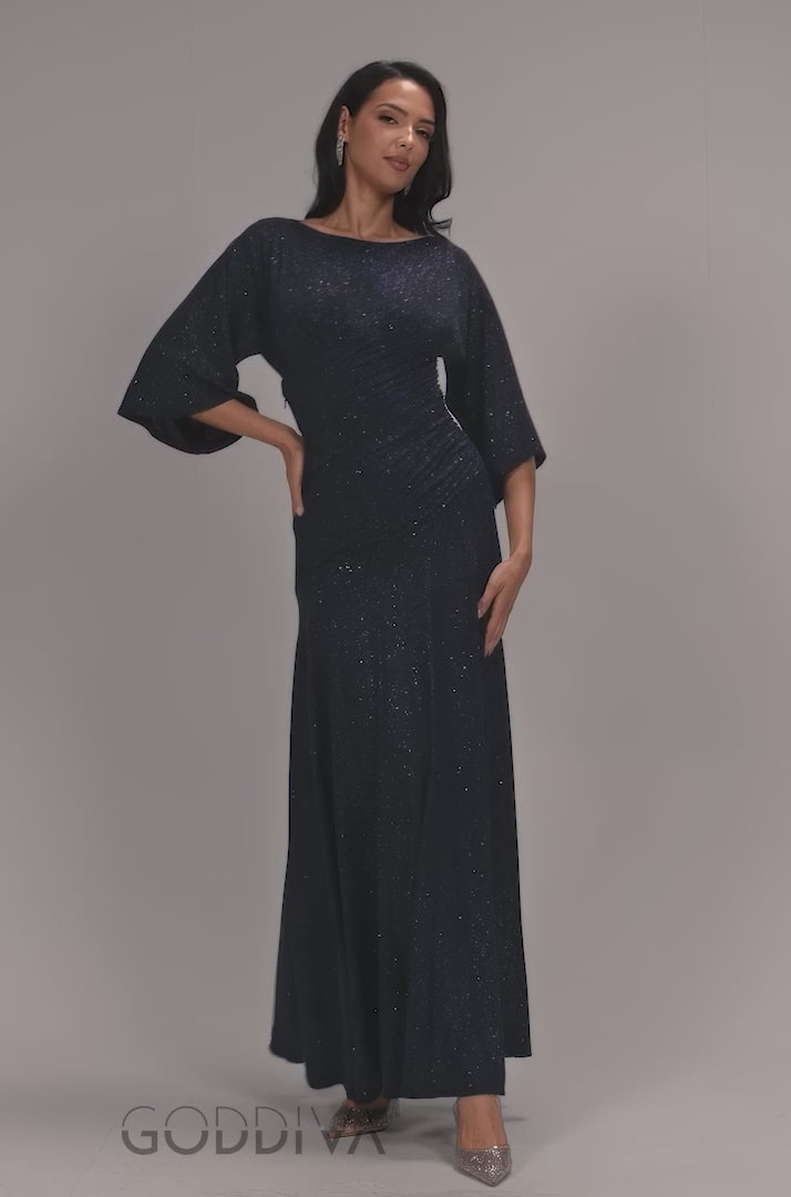 Lurex Kimono Sleeve Gathered Waist Maxi Dress - Navy Blue DR5196