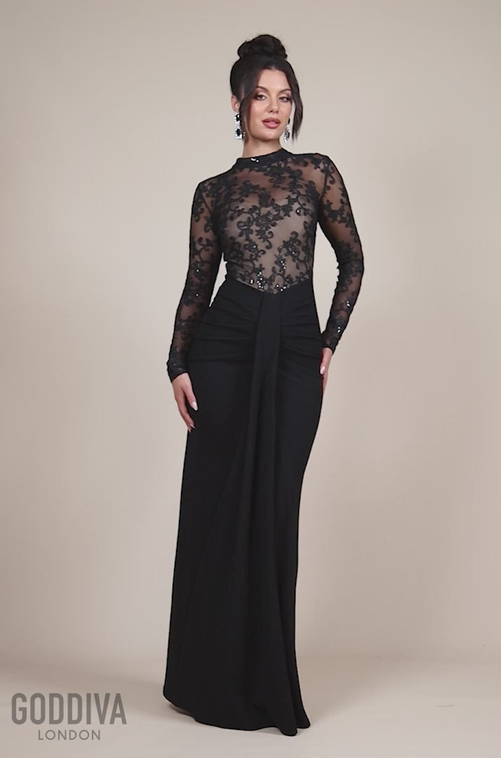 Sequin & Mesh Bodice Scuba Maxi Dress - Black DR4391