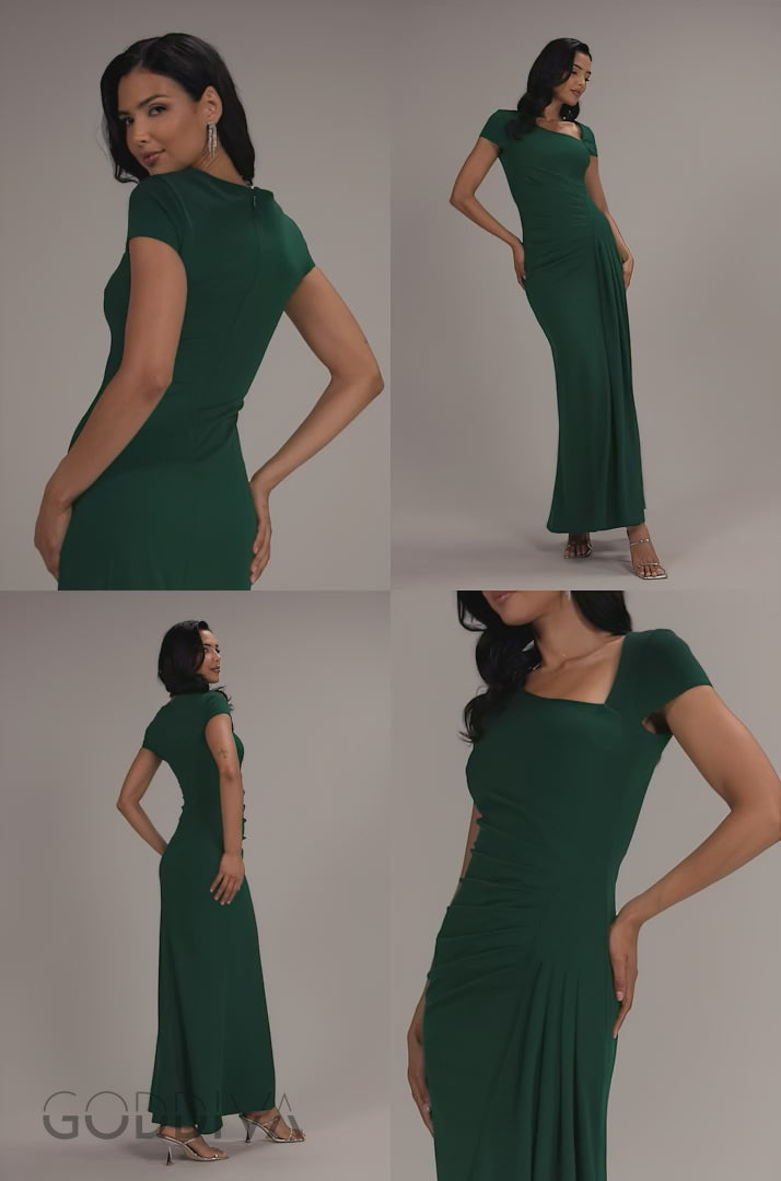 Cap Sleeve Pleated Asymmetric Maxi Dress - Emerald Green DR5115