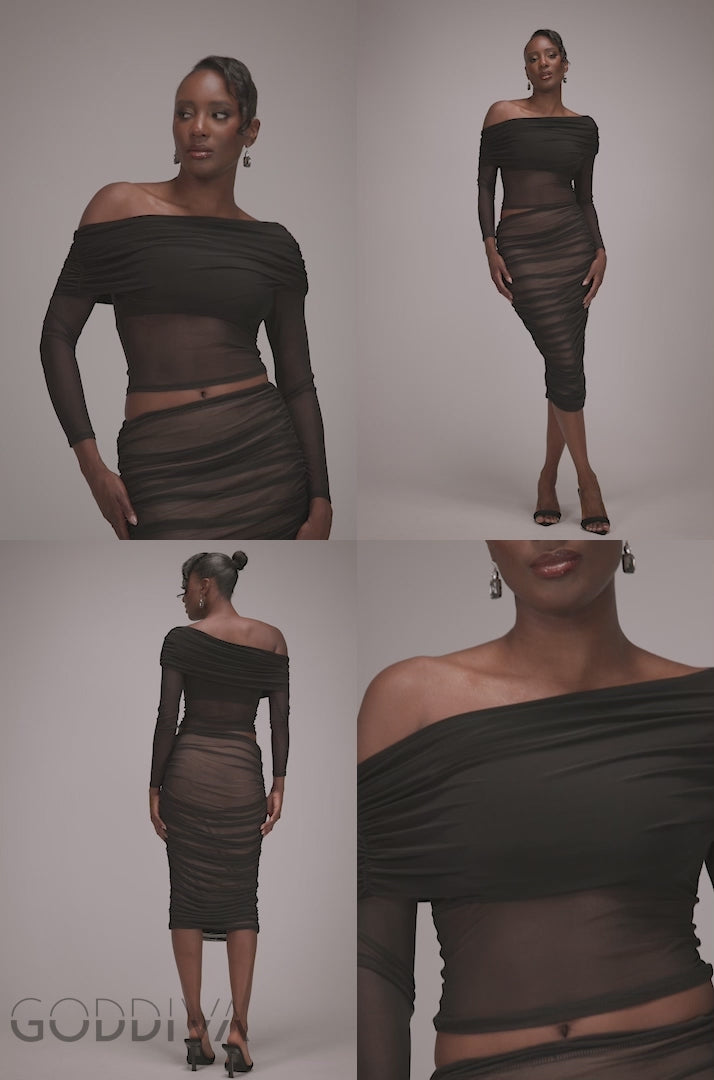 Gathered Bardot Asymmetric Mesh Panel Top - Black T272