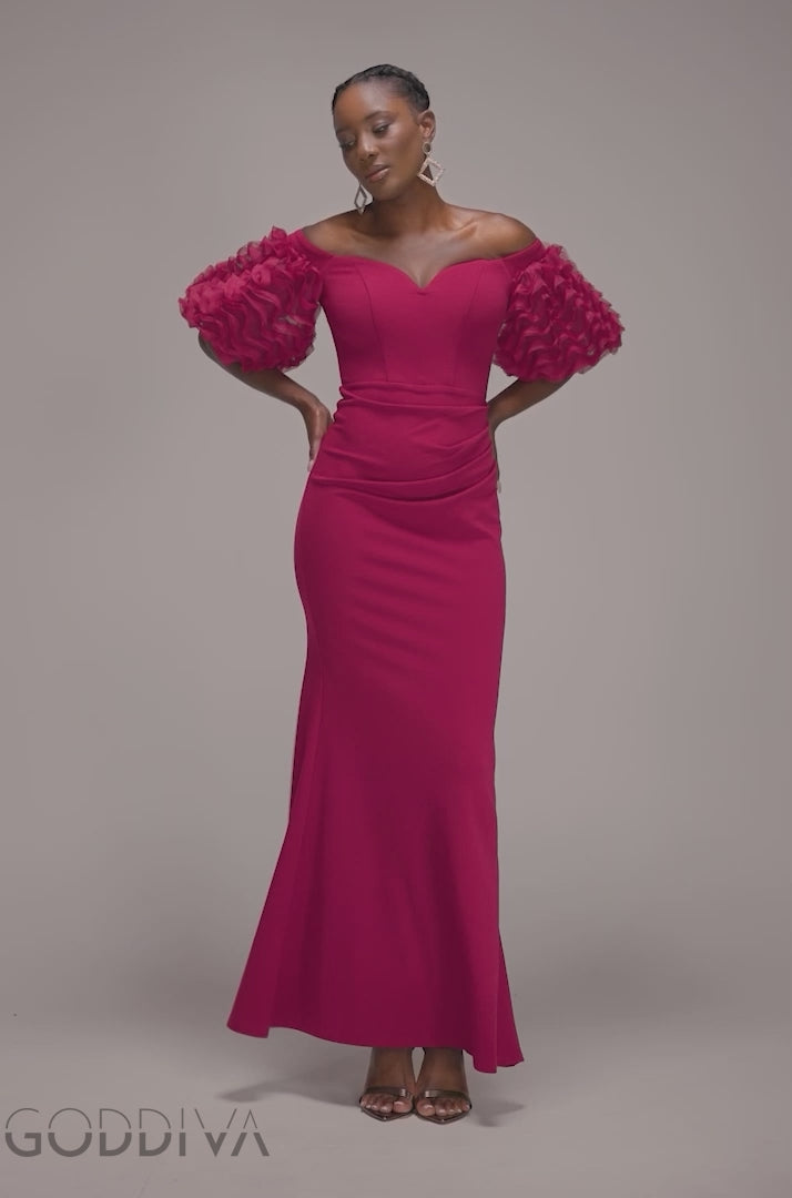 Off The Shoulder 3D Puffed Sleeve Sweetheart Maxi Dress - Burgundy DR4637
