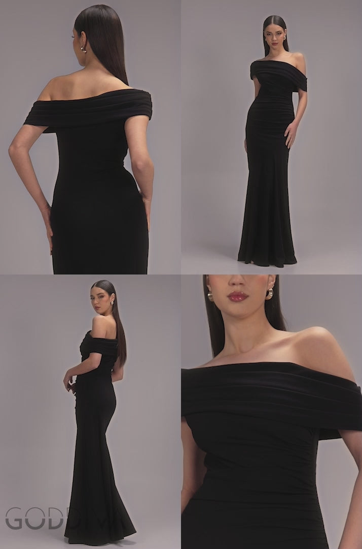 Pleated One Shoulder Bardot Fit And Flare Maxi Dress - Black DR4909