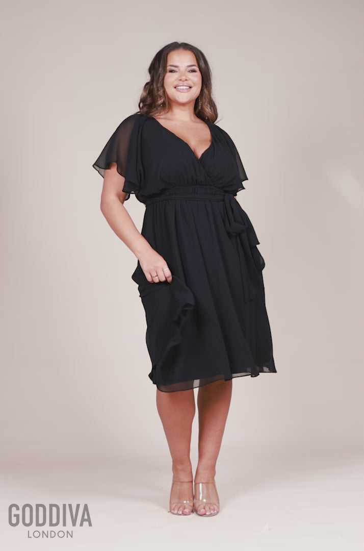 Flutter Sleeve Wrap Midi Dress - Black DR2555P