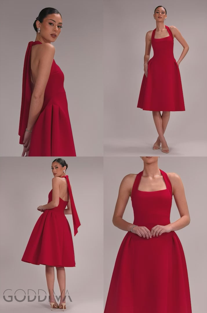 Corset Fit And Flare Halter Neck Midi Dress - Red DR5134