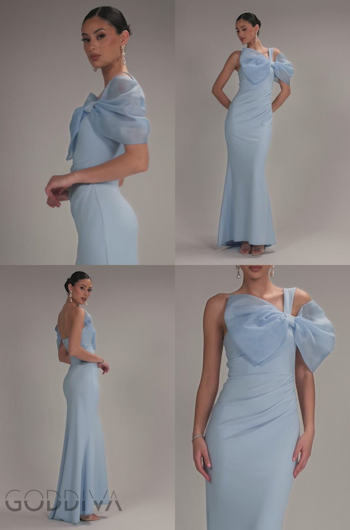 Organza Bow One Shoulder Scuba Crepe Maxi Dress - Powder Blue DR4812