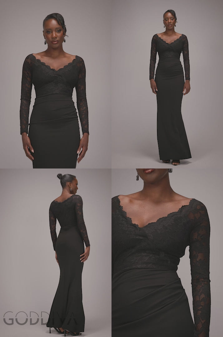Scalloped Lace Bodice Long Sleeve Bardot Maxi Dress - Black DR4678