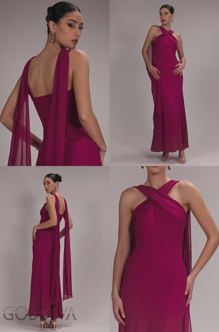 Cross Front Scarf Back Chiffon Mermaid Maxi Dress - Magenta DR4831