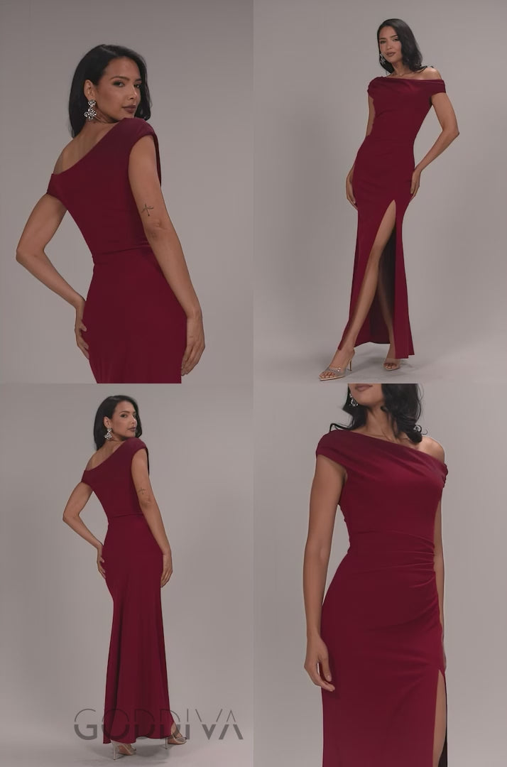 Asymmetric One Shoulder Front Split Scuba Crepe Maxi Dress - Burgundy DR5200