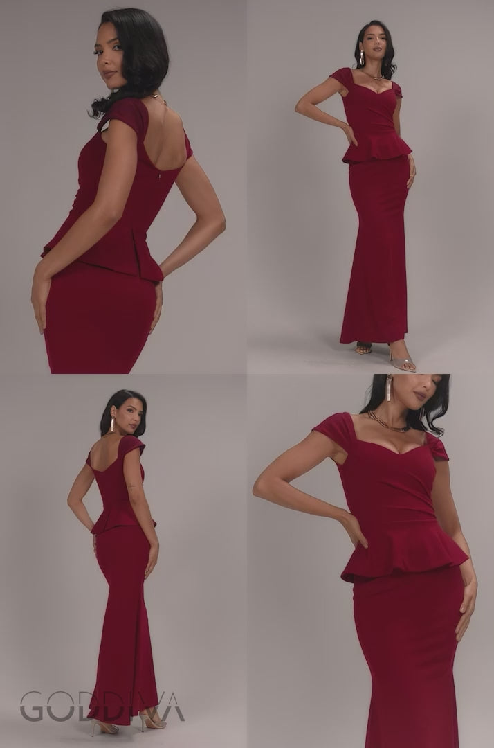 Cap Sleeve Sweetheart Peplum Scuba Maxi Dress - Burgundy DR5302