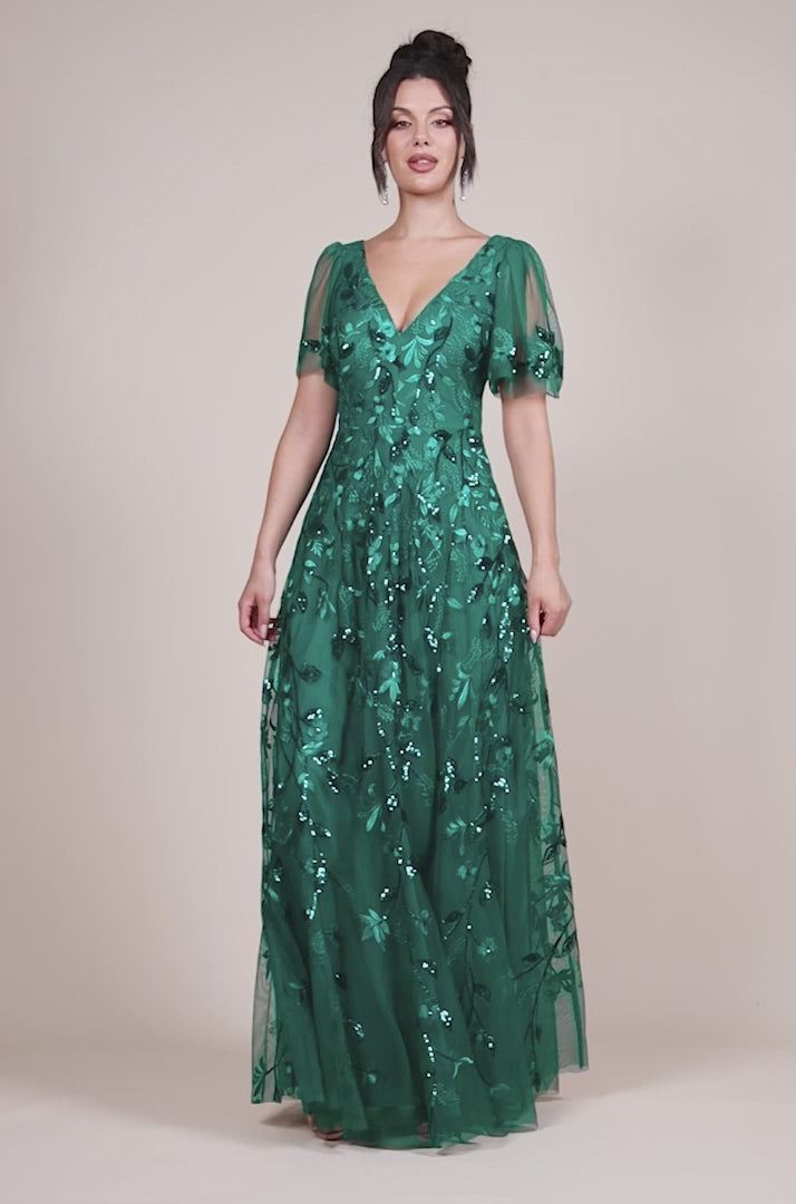 Flared Sleeve Embroidered Maxi Dress - Emerald DR3279