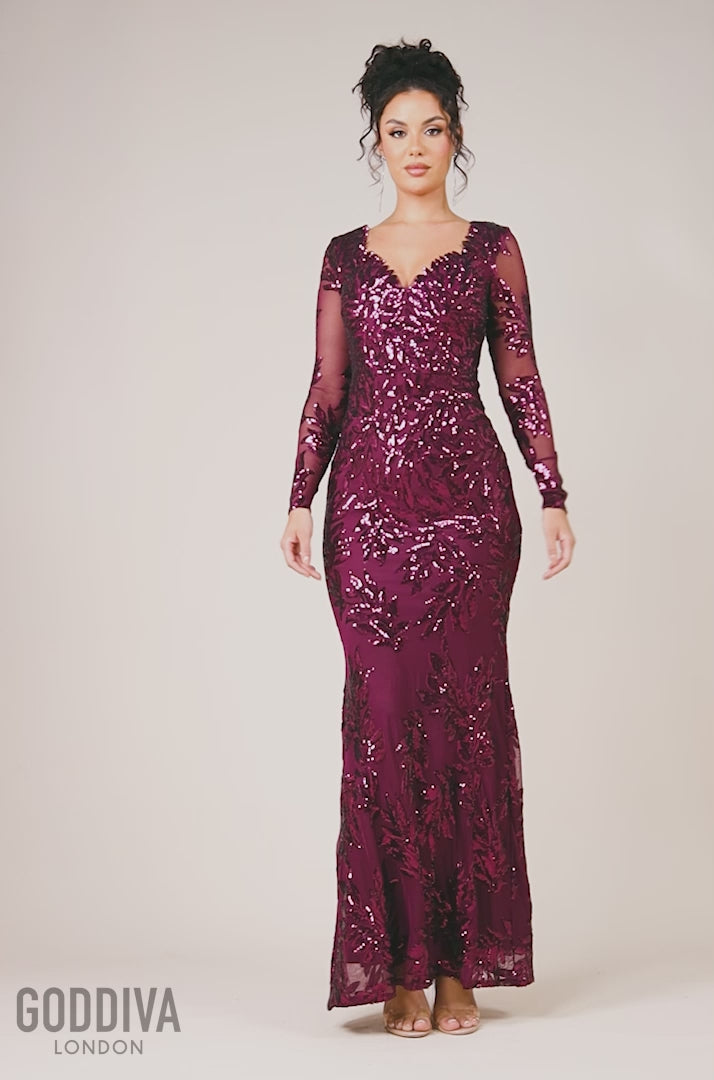 Long Sleeve Sequin Leaf Long Sleeve Maxi Dress - Burgundy DR4359