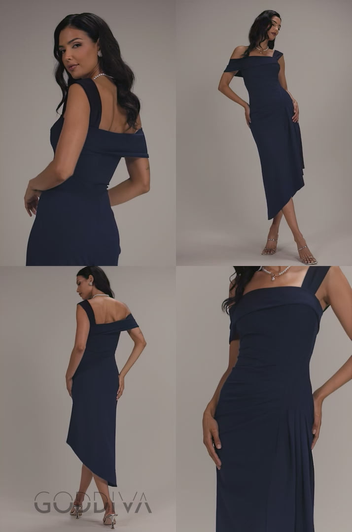 Off Shoulder Pleated Waist Asymmetric Midaxi Dress - Navy Blue DR5137