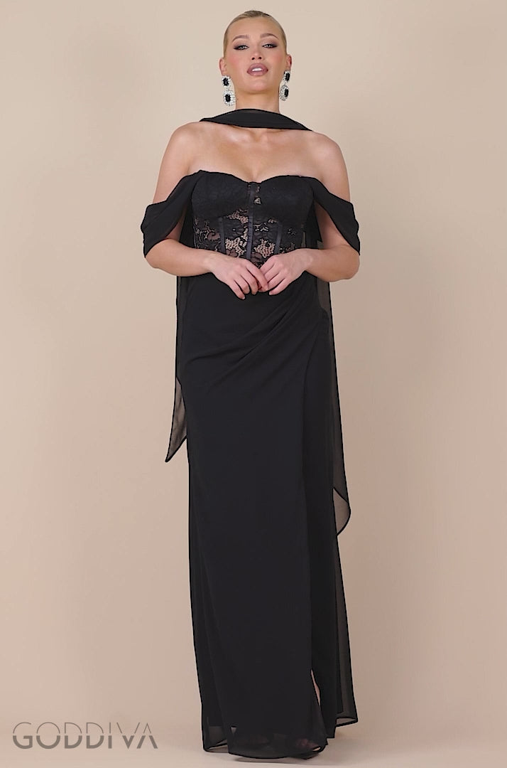 Scalloped Lace & Chiffon Winged Corset Bodice Maxi Dress - Black DR4397
