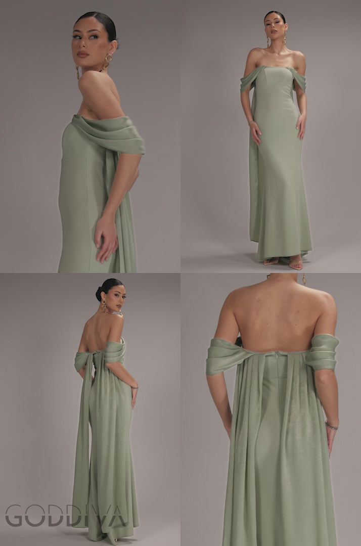 Off Shoulder Velvet Satin Wings Cape Maxi Dress - Sage Green DR5079