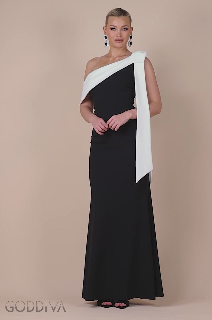One Shoulder Contrast Bow Maxi Dress - Black Cream DR4717