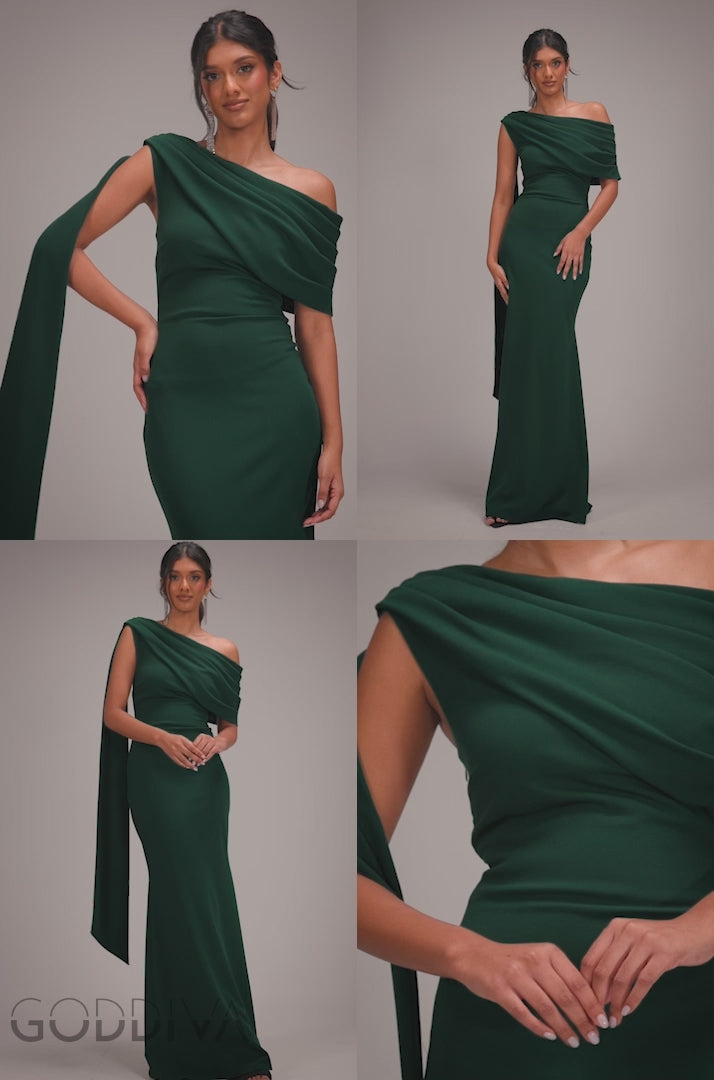Sash One Shoulder Bardot Maxi Dress - Emerald Green DR4830