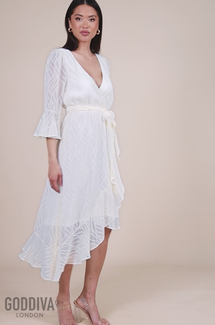 Chiffon Geo-Wave Front Frill Wrap Midi Dress - Cream DR4411