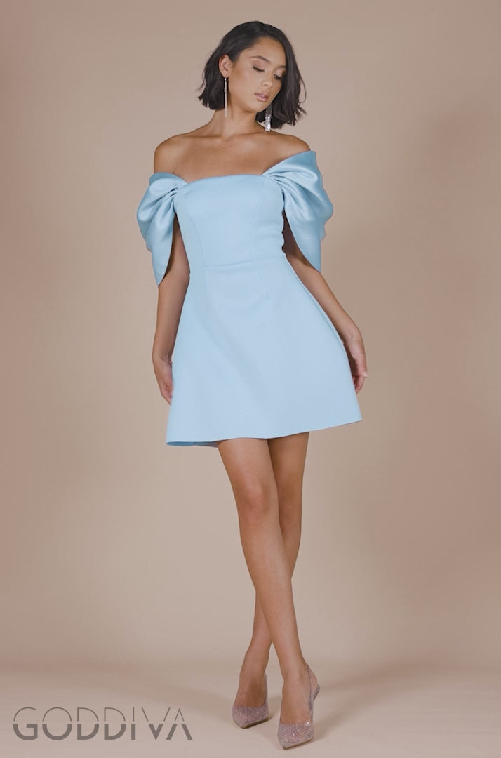 Off Shoulder Back Satin Bow Scuba Mini Dress - Light Blue DR4713