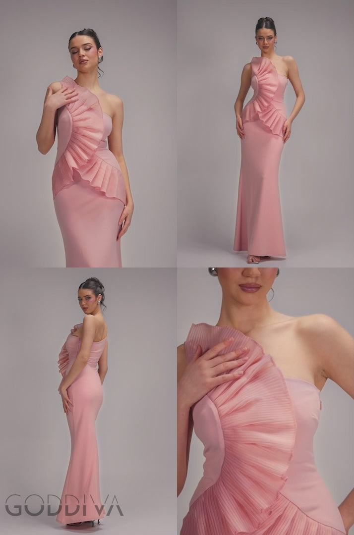 One Shoulder Pleated Fan Maxi Dress - Blush Pink DR4075