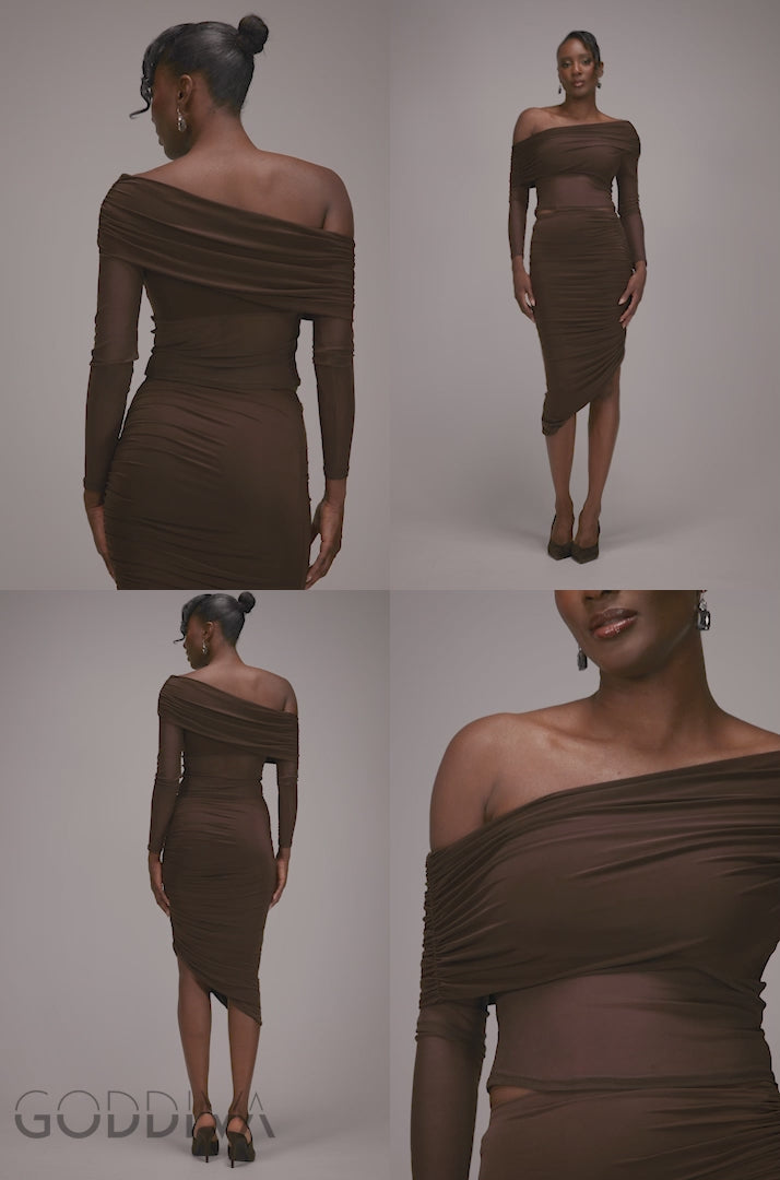Side Gathered Asymmetric Midi Skirt - Brown SK63