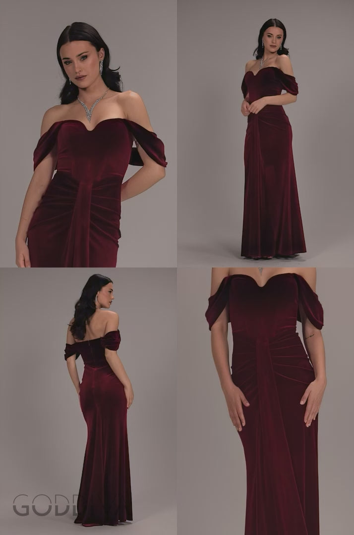Off Shoulder Bardot Draped Velvet Maxi Dress - Burgundy DR5194